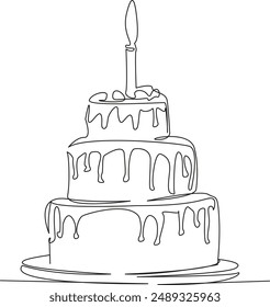 One continuous single drawing line art flat doodle  cake with a candle, piece of cake, festive dessert, sweets, pastries. Isolated image hand draw contour on a white background
