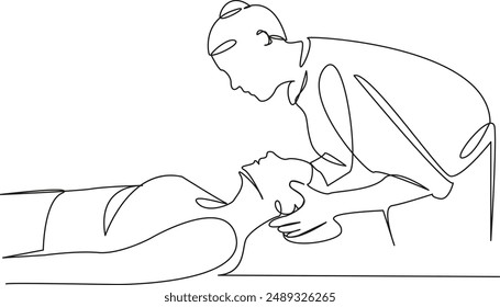 One continuous single drawing line art flat doodle medical, rehabilitation, adult, treatment, patient, physiotherapy, osteopath, old. Isolated image hand draw contour on a white background
