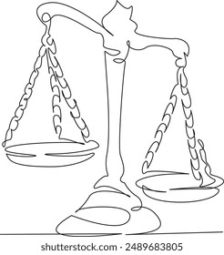 One continuous single drawing line art flat doodle scale, symbol, balance, law, justice, court, weight, judge. Isolated image hand draw contour on a white background