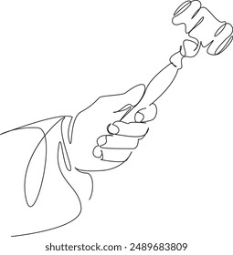 One continuous single drawing line art flat doodle judge, court, gavel, law, legal, justice, hammer, gavel in the judge's hand. Isolated image hand draw contour on a white background