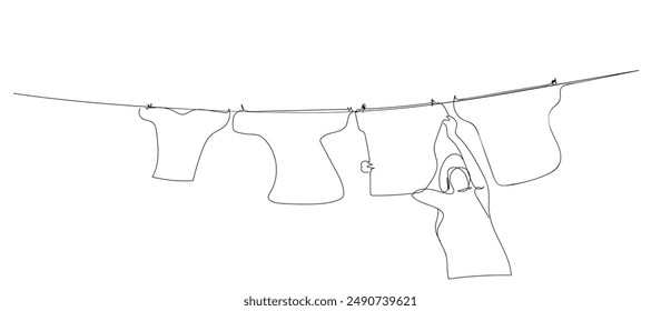 One continuous single drawing line art flat doodle cloth, woman, clean, laundry, wash, housewife, washed. Isolated image hand draw contour on a white background