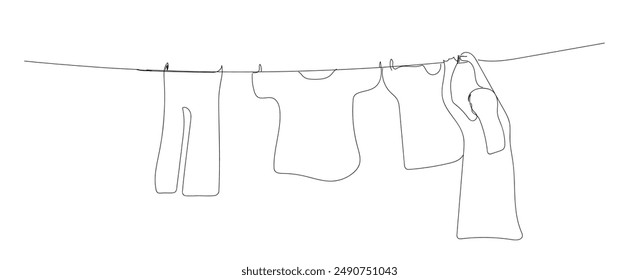 One continuous single drawing line art flat doodle cloth, woman, female, clothing, laundry. Silhouettes of the girl. 