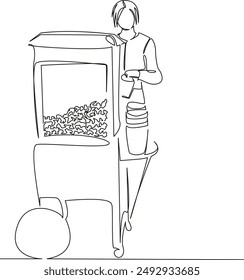 One continuous single drawing line art flat doodle popcorn, people, lifestyle, movie, girl, food, photography, child, snack, woman. Isolated image hand draw contour on a white background
