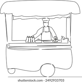 One continuous single drawing line art flat doodle  hot dog, city, food, outdoor, people, service, seller, snack, photography, business. Isolated image hand draw contour on a white background
