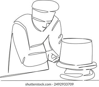 One continuous single drawing line art flat doodle  cake, baking, cooking, food, creativity, horizontal, photography, people, chef, one person. Isolated image hand draw contour on a white background
