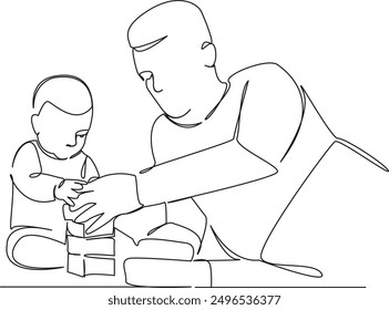 One continuous single drawing line art flat doodle kid, child, father, man, together, small, dad, parent, playing, little. Isolated image hand draw contour on a white background