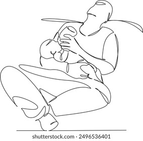 One continuous single drawing line art flat doodle baby, bottle, dad, father, parent, cute, child, family, infant, love. Isolated image hand draw contour on a white background
