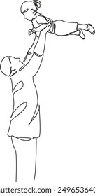 One continuous single drawing line art flat doodle kid, parent, child, family, love, fun, dad, throw, playing, happiness. Isolated image hand draw contour on a white background
