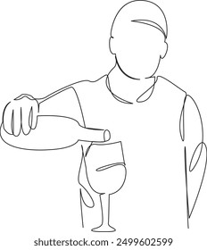 One continuous single drawing line art flat doodle alcohol, bar, bartender, wine, bottle, beverage, pour, restaurant, professional, wineglass. Isolated image hand draw contour on a white background
