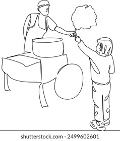 One continuous single drawing line art flat doodle child, outdoor, food, kid, candy, sweet, happy, sugar, buy, cotton, dessert. Isolated image hand draw contour on a white background
