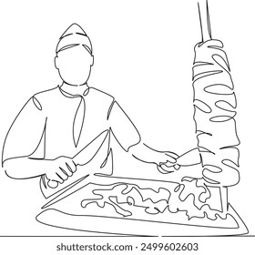 One continuous single drawing line art flat doodle restaurant, kebab, shawarma, meat, man, cooking, chef, grill, food. Isolated image hand draw contour on a white background
