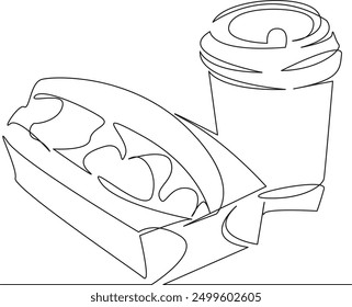 One continuous single drawing line art flat doodle drink, food, coffee, cup, fast, lunch, sandwich, dog, sausage. Isolated image hand draw contour on a white background
