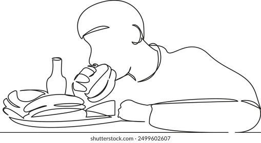 Una hamburguesa plana de doodle de arte de línea de dibujo simple continua, competencia, hamburguesa, comida, bocadillo, comida, sabroso, comer, juego. Contorno de dibujo de la mano de Imagen aislada sobre un fondo blanco
