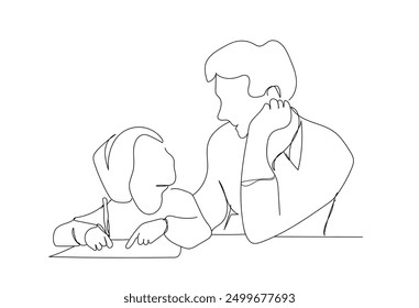 One continuous single drawing line art flat doodle people, father, family, parent, child, education, homework. Family parent helping daughter drawing at home.