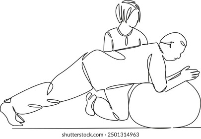 One continuous single drawing line art flat doodle physical therapy, patient recovery physical therapist, assistance, doctor, person, care. Isolated image hand draw contour on a white background

