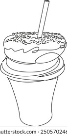 One continuous single drawing line art flat doodle donut, breakfast, food, snack, cup, drink, bakery, photography, chocolate, doughnut. Isolated image hand draw contour on a white background
