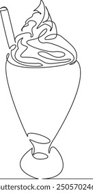 One continuous single drawing line art flat doodle drink, milkshake, refreshment, milk, cocktail, ice, beverage, chocolate, food, shake. Isolated image hand draw contour on a white background
