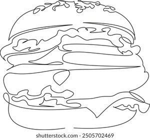 One continuous single drawing line art flat doodle hamburger, meat, cheese, tomato, snack, bread, meal, food, burger, cheeseburger. Isolated image hand draw contour on a white background
