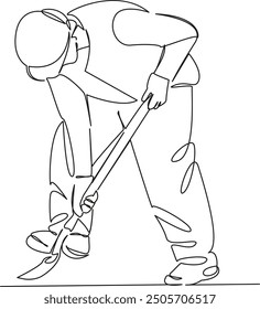 One continuous single drawing line art flat doodle person, digging, dirt, shovel, man, outdoors, agriculture, horizontal, one person. Isolated image hand draw contour on a white background
