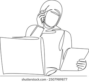 One continuous single drawing line art flat doodle Muslim businesswoman working on laptop and talking on phone. Isolated image hand draw contour on a white background

