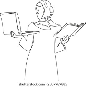 One continuous single drawing line art flat doodle muslim girl holding book and laptop, choice, study, intelligence, education. Isolated image hand draw contour on a white background
