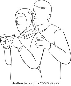 One continuous single drawing line art flat doodle Muslim family took pregnancy test, joy, expectation, surprise, baby. Isolated image hand draw contour on a white background
