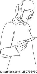 One continuous single drawing line art flat doodle Muslim woman holding pregnancy test, pregnancy, joy, birth, surprise. Isolated image hand draw contour on a white background

