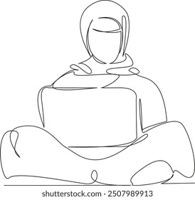 One continuous single drawing line art flat doodle Muslim girl working on laptop, studying, searching for information, learning about the world. Isolated image hand draw contour on a white background
