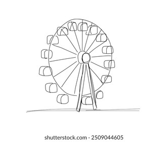 One continuous single drawing line art flat doodlefair, carnival, entertainment, carousel, ferris, ride, wheel. Isolated image hand draw contour on a white background