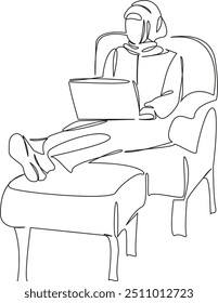 Uma linha de desenho simples contínua de arte plana doodle muçulmana menina, moderna, propositada, laptop, cadeira, conforto, aprendizagem. Mão de imagem isolada desenhar contorno em um fundo branco
