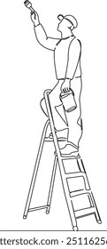 Un hombre plano plano del doodle del arte de la línea de dibujo sola continua en la escalera de escalera, pintando con el pincel, pintando paredes, sosteniendo la pintura en la mano. Contorno de dibujo de la mano de Imagen aislada sobre un fondo blanco