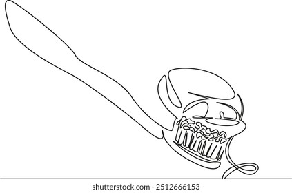 Uma única linha de desenho contínua arte plana doodle escova de dentes, higiene, pasta de dente, fio dental, saúde dental, sem pessoas, dentes, banheiro. Mão de imagem isolada desenhar contorno em um fundo branco
