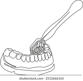 Uma linha de desenho simples contínua arte plana doodle dentes, dentista, escova de dentes, higiene, cuidado, odontologia, dentadura, horizontal, ortodontista. Mão de imagem isolada desenhar contorno em um fundo branco
