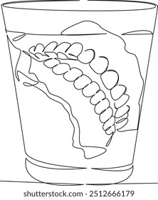 Uma linha de desenho simples contínua arte plana doodle dentes, dentadura, higiene, água, horizontal, artificial, cuidados de saúde e medicina, saúde dentária, vidro - material. Contorno de desenho manual de imagem isolada ativado