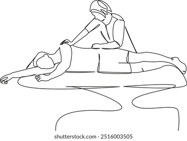 Uma única linha de desenho contínua arte plana doodle médico, paciente, fisioterapeuta, quiroprático, osteopata, fisioterapia, dor, recuperação. Contorno de desenho manual de imagem isolada em um fundo branco