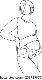 One continuous single drawing line art flat doodle  mother, pain, support, bandage, corset, belt, care, pregnant, woman, abdomen. Isolated image hand draw contour on a white background
