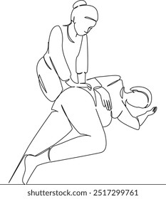 Eine durchgehende einzelne Zeichnung Linie Kunst flache doodle Frauen, horizontal, Massage, Osteopath, schwanger, nur schwangere Frauen. Kontur für handgezeichnetes Einzelbild auf weißem Hintergrund
