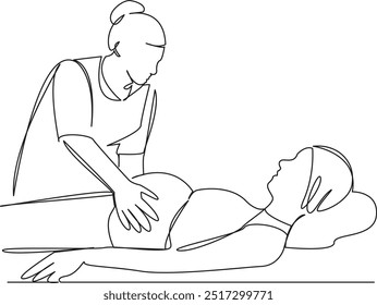 One continuous single drawing line art flat doodle  female, massaging, abdomen, pregnant, hand, pregnancy, stomach, tummy, health care. Isolated image hand draw contour on a white background
