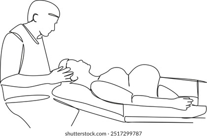 Uma linha de desenho simples contínua de arte plana rabiscar grávida, mulher, massagem, cuidados de saúde, recuperação, estilo de vida, cura, horizontal, massagem. Mão de imagem isolada desenhar contorno em um fundo branco
