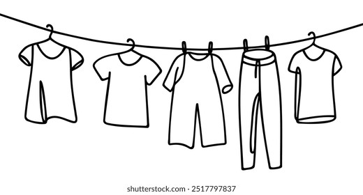 One continuous single drawing line art flat doodle cloth, woman, clean, laundry, wash, housewife, washed. Isolated image hand draw contour on a white background
