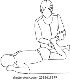 Um contínuo único desenho linha arte plana doodle exercícios, osteopata, mulheres, médico, instrutor, massagem, criança, massagista. Mão de imagem isolada desenhar contorno em um fundo branco
