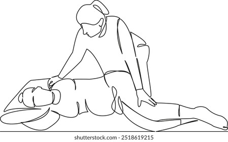 Eine durchgehende einzelne Zeichnung Linie Kunst flache Doodle-Übungen, horizontal, Osteopath, Frauen, Arzt, Ausbilder, schwanger, erwachsen. Kontur für handgezeichnetes Einzelbild auf weißem Hintergrund

