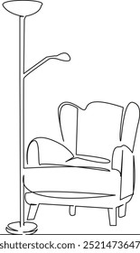 Una sola línea de dibujo continua de arte plano doodle sillón, silla, muebles, lámpara de pie, interior, sala de estar, lujo, asiento, diseño, mesa. Contorno de dibujo de la mano de Imagen aislada sobre un fondo blanco