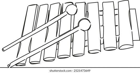 One continuous single drawing line art flat doodle xylophone, music, performance, children, instrument, stick, colourful, concert, melody. Isolated image hand draw contour on a white background