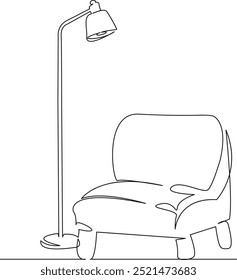 Uma única linha de desenho contínua arte plana doodle lâmpada de chão, sofá, poltrona, conforto, relaxamento, luz, luz elétrica. Mão de imagem isolada desenhar contorno em um fundo branco
