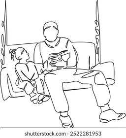 One continuous single drawing line art flat doodle father, child, daughter, togetherness, person, man, adult, girl, book, bonding. Isolated image hand draw contour on a white background