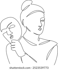 One continuous single drawing line art flat doodle females, girls, fun, childhood, playful theater, role playing, duplicity. Isolated image hand draw contour on a white background
