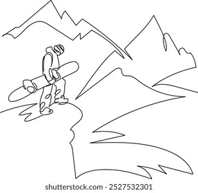 Una sola línea de dibujo continua de arte plano doodle nieve, montaña, invierno, deporte, esquí, snowboard, naturaleza, snowboard, extremo. Contorno de dibujo de la mano de Imagen aislada sobre un fondo blanco