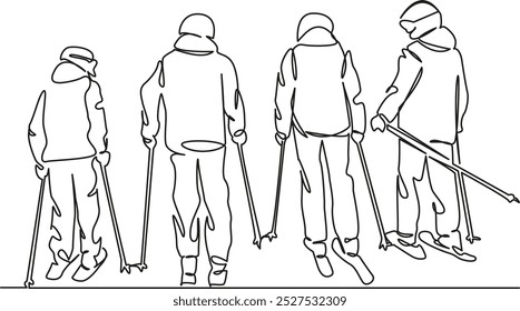 One continuous single drawing line art flat doodle sport, outdoors, snow, mountain, winter, skiing, people, fun, friends, happiness. Isolated image hand draw contour on a white background