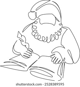 One continuous single drawing line art flat doodle christmas, person, horizontal, senior adult, man, adult, cheerful, santa claus. Isolated image hand draw contour on a white background